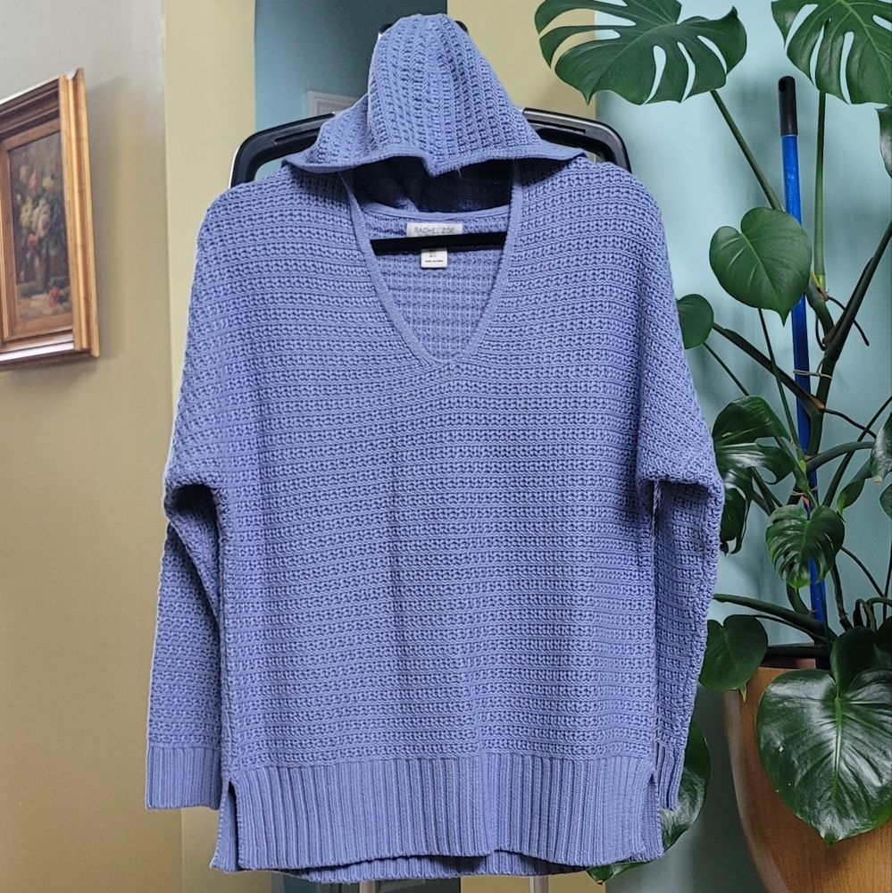 Rachel Zoe Hoodie Womens Pullover Sweater Knit Blue V-Neck Size Small